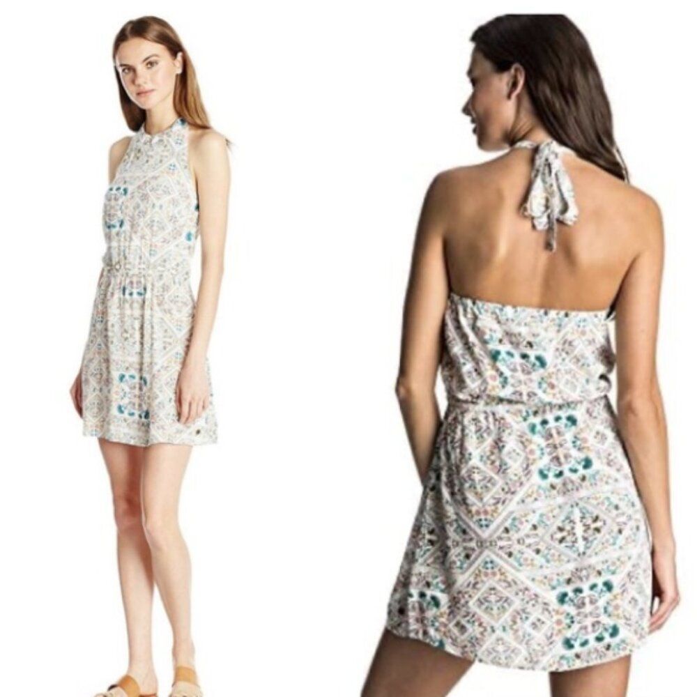 ROXY Really Unique Halter Dress Size Small White Floral Smocked Blouson Pull On